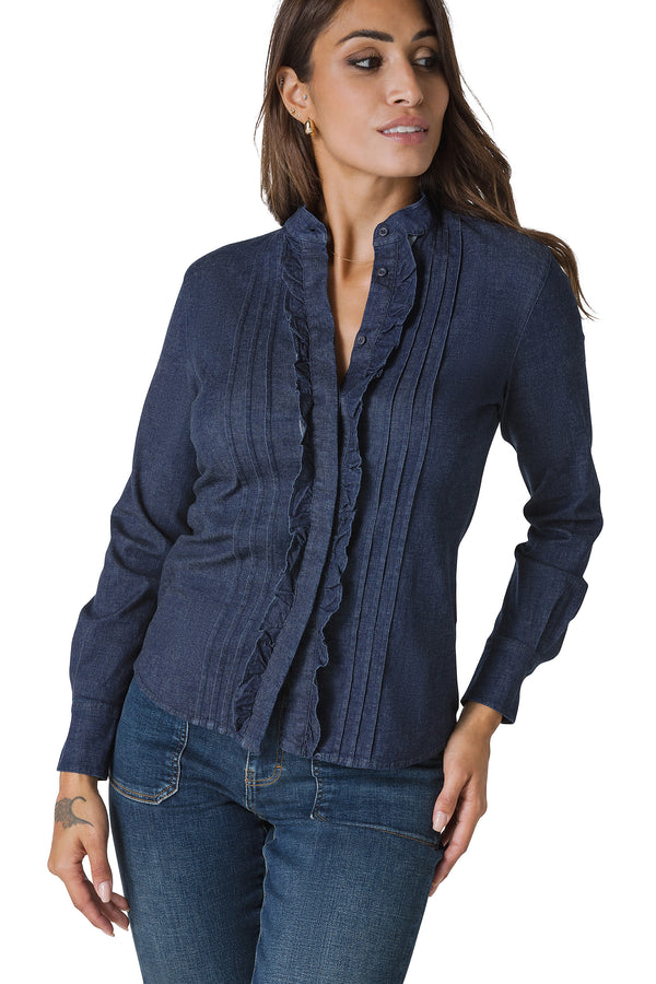 CAMICIA IN DENIM ELASTICIZZATO CON PIEGHE E ROUCHE