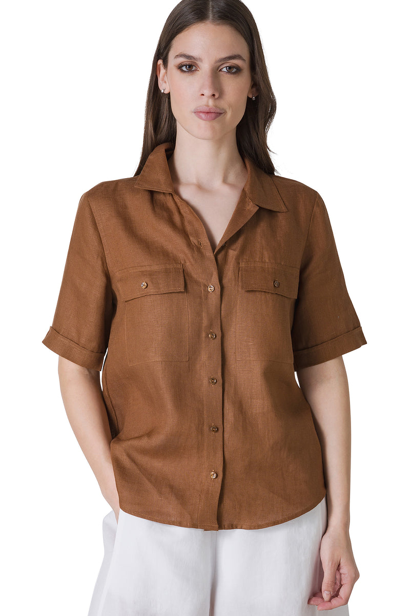 CAMICIA IN PURO LINO CON TASCHE APPLICATE