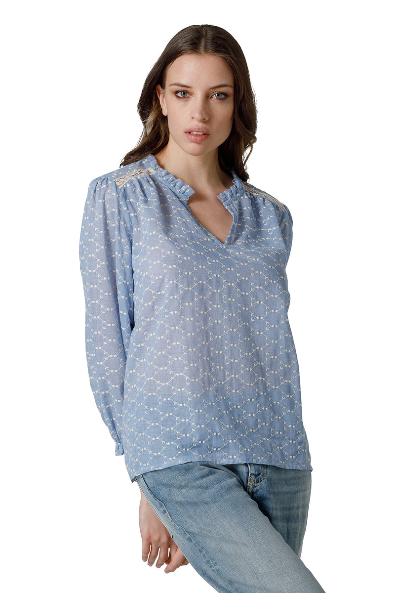 CAMICIA M.7/8 SCOLLO A V CON ROUCHES INSERTO PIZZO